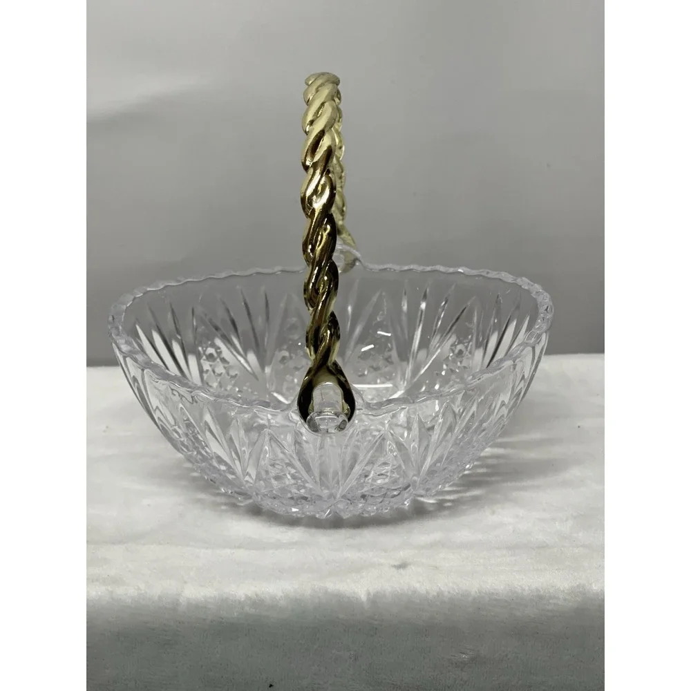 Vintage Clear Pressed Glass Candy Basket Gold Tone Twist Handle Starburst